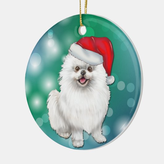 Witte pommeraanse hond Red Santa Hat Kerstmis Keramisch Ornament (Links)