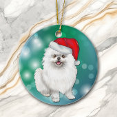 Witte pommeraanse hond Red Santa Hat Kerstmis Keramisch Ornament