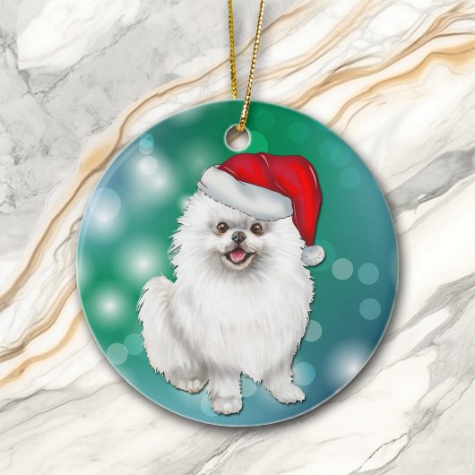 Witte pommeraanse hond Red Santa Hat Kerstmis Keramisch Ornament