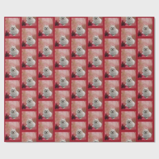 Witte pommeren hond bloemen   cadeaupapier (Vlak)