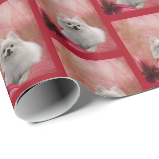 Witte pommeren hond bloemen   cadeaupapier (Rol Hoek)
