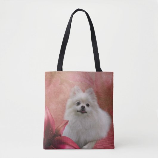 Witte pommeren hond bloemen tote bag (Voorkant)