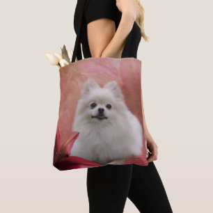 Witte pommeren hond bloemen tote bag