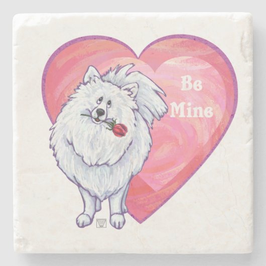 Witte Pommeren Valentijnsdag Stenen Onderzetter (Voorkant)