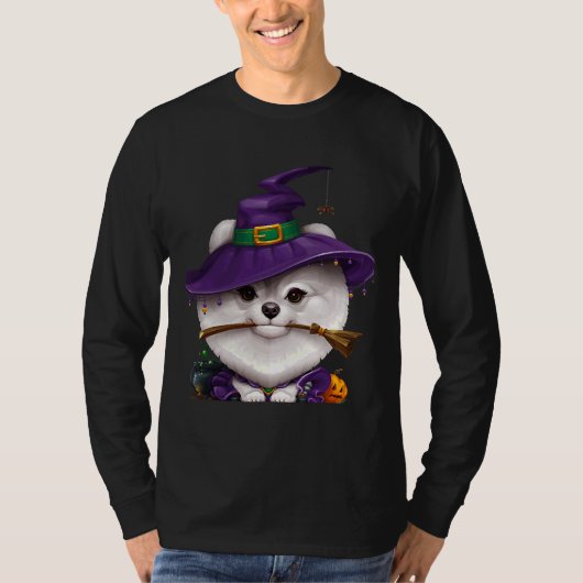 Witte Pommeren Witch Halloween T-shirt (Voorkant)