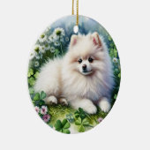 Witte Pommerse Hondenklaverveld Waterverf Keramisch Ornament (Rechts)