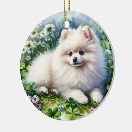 Witte Pommerse Hondenklaverveld Waterverf Keramisch Ornament (Links)