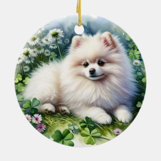 Witte Pommerse Hondenklaverveld Waterverf Keramisch Ornament (Achterkant)