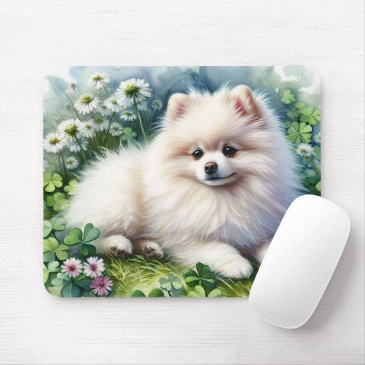 Witte Pommerse Hondenklaverveld Waterverf Muismat (Met muis)