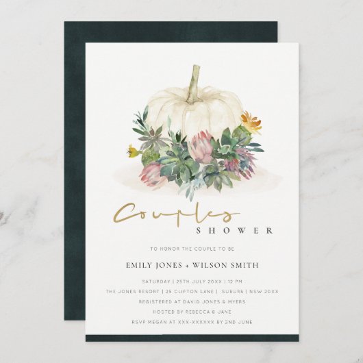 WITTE POMPKIN SUCCULENT FAUNA COUPLE SHOWER INVITE BEDANKKAART (Voorkant / Achterkant)