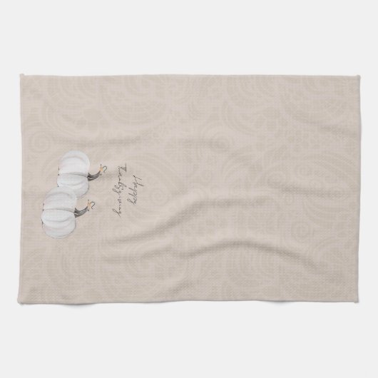 Witte pompoen, bladeren en bloemen Waterverf kunst Theedoek (Horizontaal)