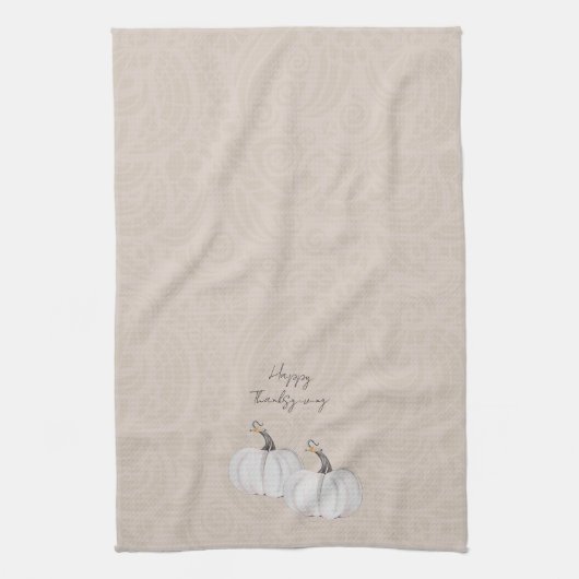 Witte pompoen, bladeren en bloemen Waterverf kunst Theedoek (Verticaal)