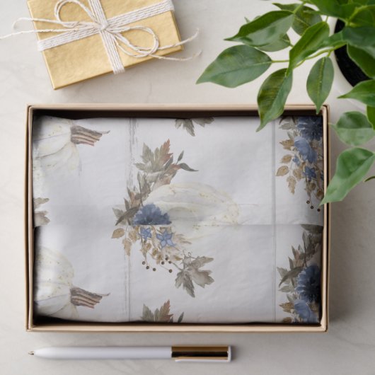 Witte Pompoen Blauwe Bloem w Fall Bladeren Waterve Tissuepapier (Geschenk)
