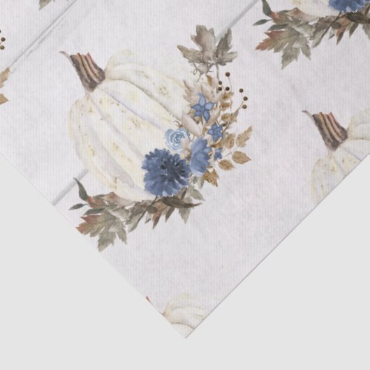 Witte Pompoen Blauwe Bloem w Fall Bladeren Waterve Tissuepapier (Detail)