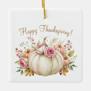 Witte pompoen Bloemen Happy Thanksgiving Ornament
