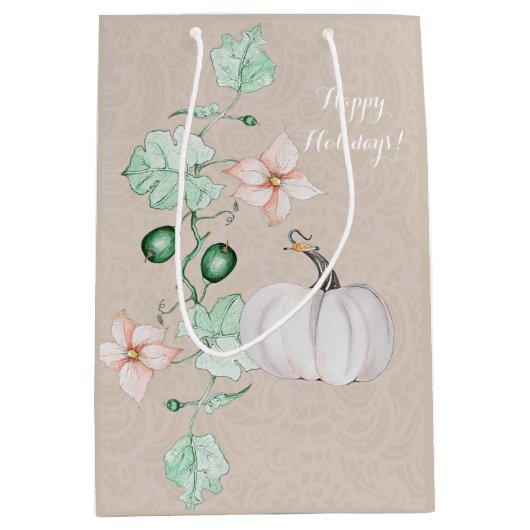 Witte Pompoen Bloemen Waterverf Gepersonaliseerd Medium Cadeauzakje (Voorkant)