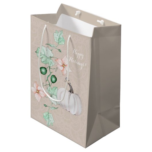Witte Pompoen Bloemen Waterverf Gepersonaliseerd Medium Cadeauzakje (Voorkant Gekanteld)