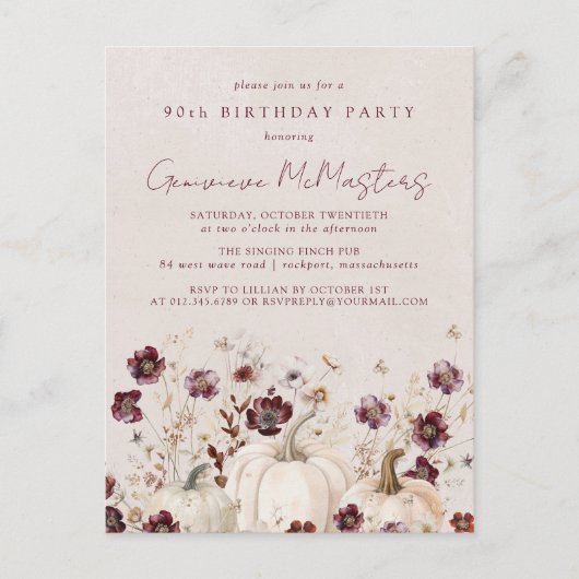Witte pompoen Bourgogne Wildflower 90ste verjaarda Uitnodiging Briefkaart (Voorkant)