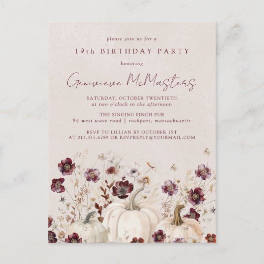 Witte pompoen Bourgondië Wildflower 19e verjaardag Uitnodiging Briefkaart (Voorkant)