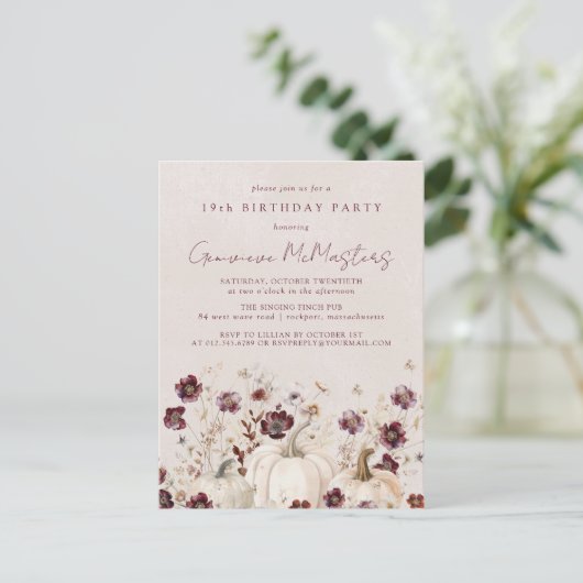 Witte pompoen Bourgondië Wildflower 19e verjaardag Uitnodiging Briefkaart (Staand voorkant)