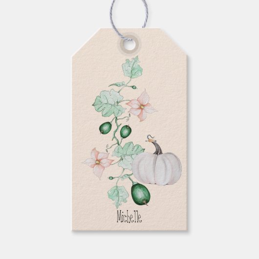 Witte pompoen en bloemen Waterverf kunst Cadeaulabel (Voorkant)