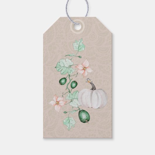 Witte pompoen en bloemen Waterverf kunst Cadeaulabel (Voorkant)