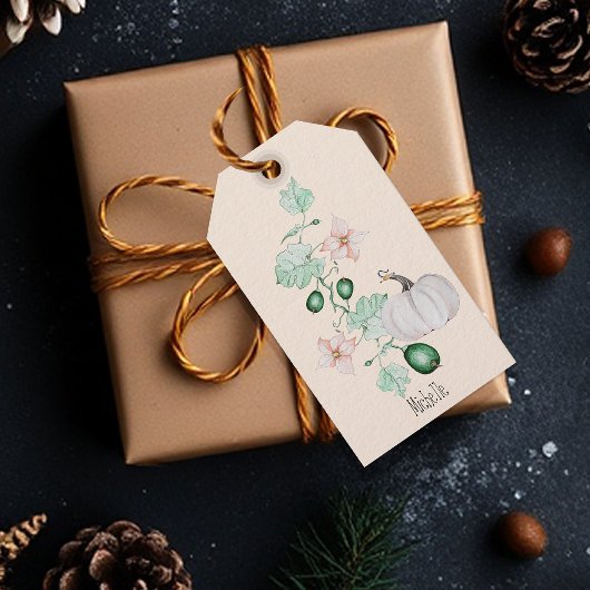 Witte pompoen en bloemen Waterverf kunst Cadeaulabel