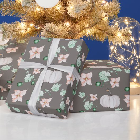 Witte pompoen en bloemen Waterverf kunstpatroon Cadeaupapier (Feestdagen)