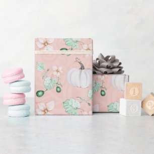 Witte Pompoen En Bloemen Waterverf Kunstpatroon Cadeaupapier