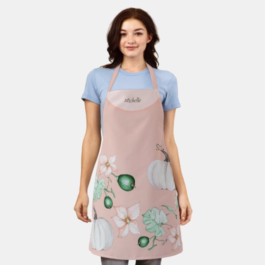 Witte pompoen en bloemen Waterverf kunstpatroon Schort (Gedragen)