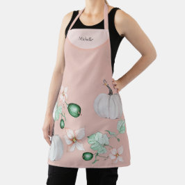 Witte pompoen en bloemen Waterverf kunstpatroon Schort