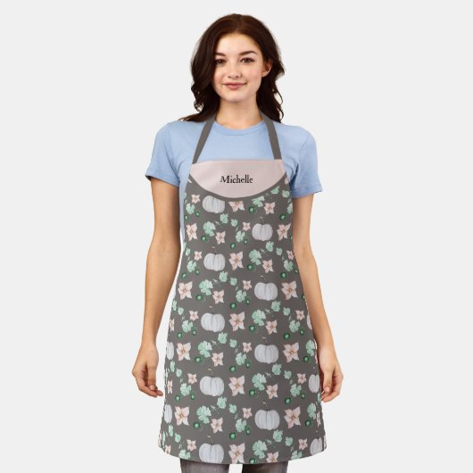 Witte pompoen en bloemen Waterverf kunstpatroon Schort (Gedragen)