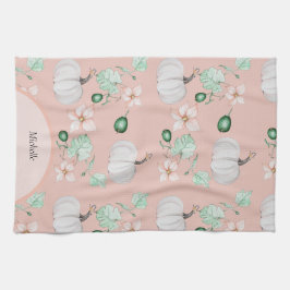 Witte pompoen en bloemen Waterverf kunstpatroon Theedoek