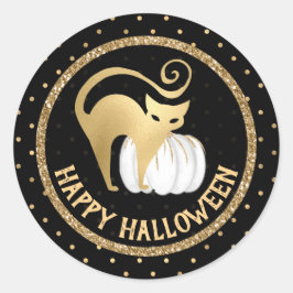 Witte Pompoen en Goud Kat stippen Halloween Ronde Sticker