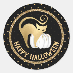 Witte Pompoen en Goud Kat stippen Halloween Ronde Sticker