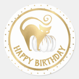 Witte pompoen en gouden kat polka stippen Verjaard Ronde Sticker