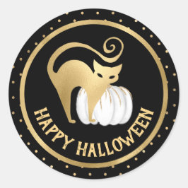 Witte Pompoen en Gouden Kat stippen Halloween Ronde Sticker