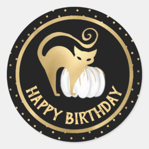 Witte Pompoen en Gouden Kat stippen Verjaardag Ronde Sticker