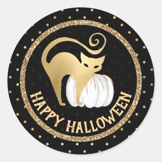 Witte pompoen en goudkattenpokken Halloween Ronde Sticker (Voorkant)