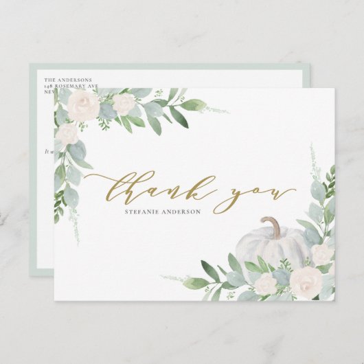 Witte pompoen en groen Herfst Dank u Briefkaart (Voorkant / Achterkant)