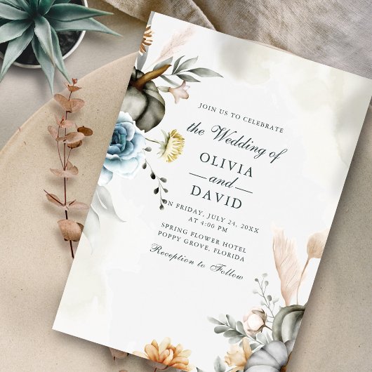 Witte Pompoen en Herfst Wildflowers Bruiloft Kaart