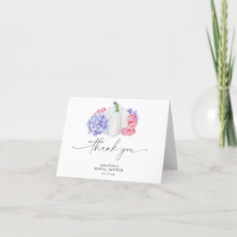 Witte pompoen en hortensia bloemen bruidsdouche bedankkaart