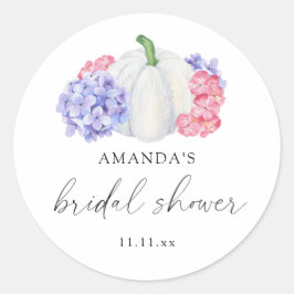 Witte pompoen en hortensia bloemen bruidsdouche ronde sticker