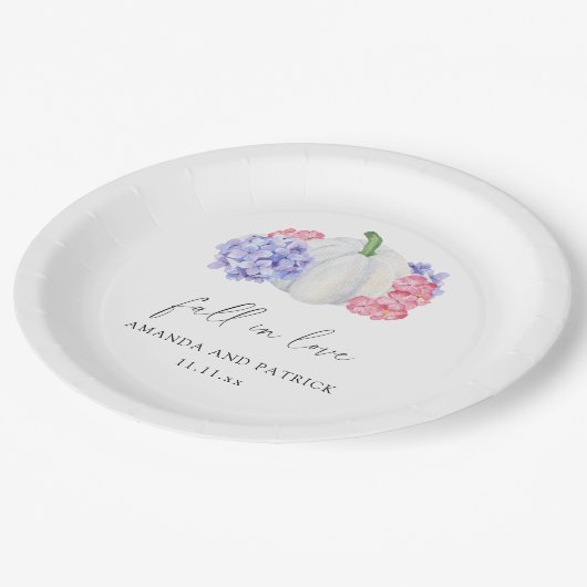 Witte pompoen en hortensia bloemen bruiloft papieren bordje (Gekanteld)