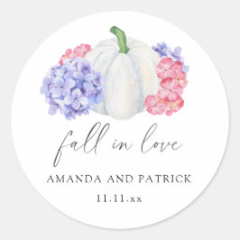 Witte pompoen en hortensia bloemen bruiloft ronde sticker