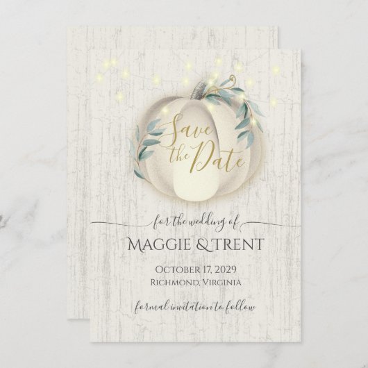 Witte Pompoen en Slingerlichtjes Save the Date (Voorkant / Achterkant)