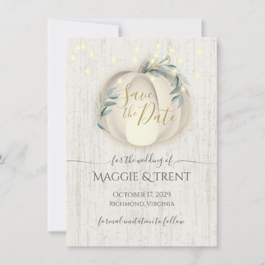 Witte Pompoen en Slingerlichtjes Save the Date (Voorkant)