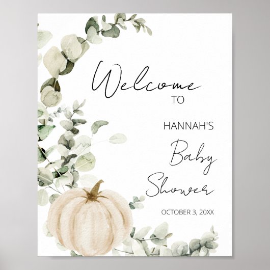 Witte Pompoen Eucalyptus Herfst Baby shower Welkom Poster (Voorkant)
