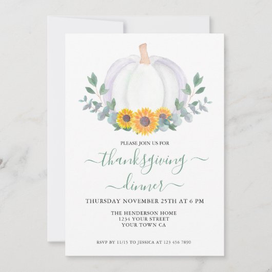 Witte pompoen Eucalyptus Sunflower Thanksgiving Kaart (Voorkant)