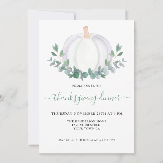 Witte pompoen Eucalyptus Thanksgiving Dinner Kaart (Voorkant)